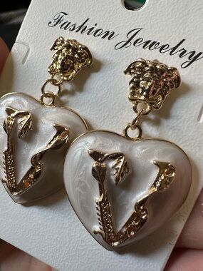 Gold and Pearl Heart Drop Earrings with Floral Detail